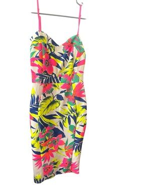 Neon Tropical Floral Midi Dress in Cream with Pink & Yellow
